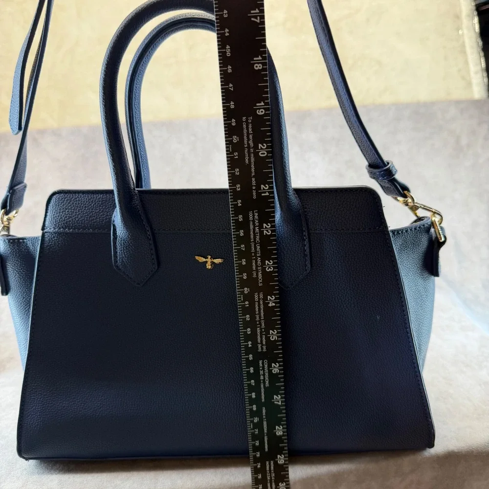 Fable England Satchel Handbag Women Medium Navy Blue Bee Charm Vegan Leather